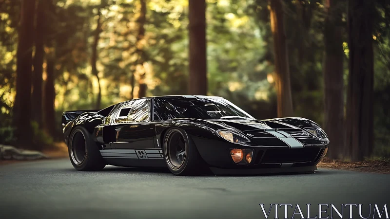 Low-slung black race car reflects forest light with precision