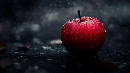 Crimson rain-kissed apple glowing against storm-dark shadows.