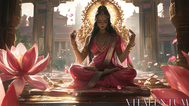 Digital painting of serene goddess in lotus temple composition.