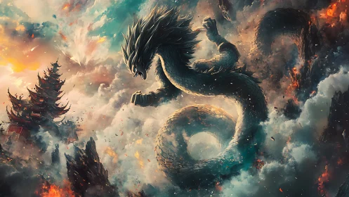 Storm‑crowned dragon coils above burning mountain temples.