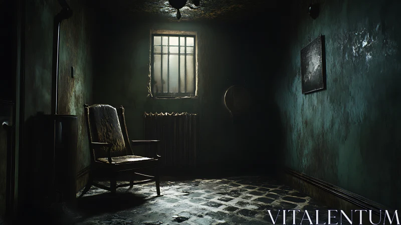 Quiet chair in a forgotten green room of ghostly light.