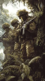 Camouflaged special forces patrol dense jungle ravine in formation