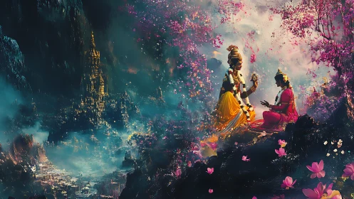 Divine figures in mystical lotus valley with golden city.