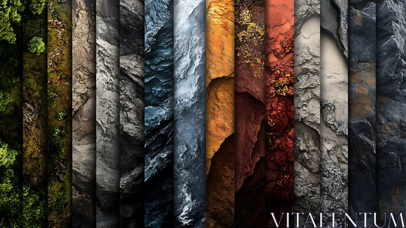 Stratified geological textures in chromatic vertical segmentation.