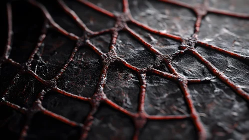 Abstract dark web-like pattern with red organic textures, macro style.