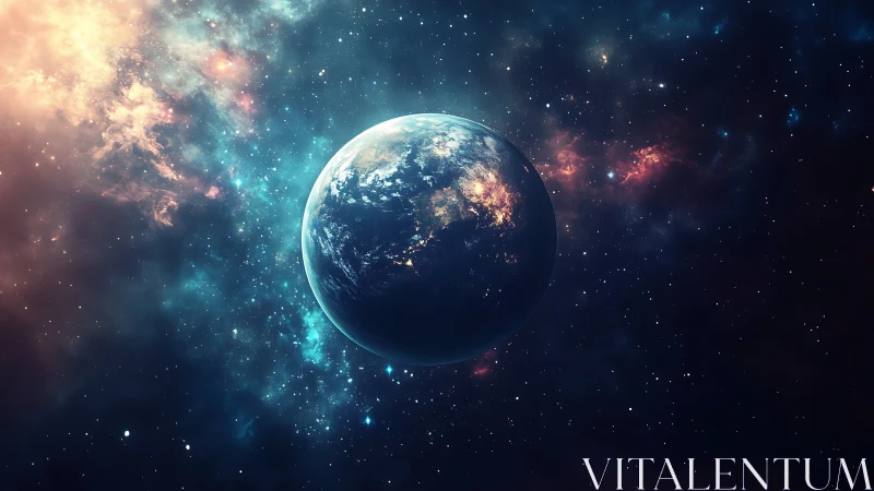 Earth rendered in luminous deep-space nebula environment