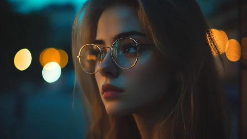 Young person wearing glasses is viewed in soft evening light