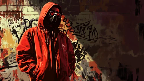 Hooded figure in red parka rendered as high-contrast digital vector