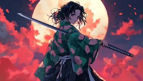 Samurai figure with drawn katana before large full moon.