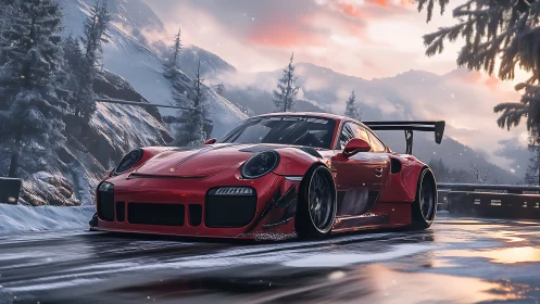Red track-focused sports car moves on icy mountain road