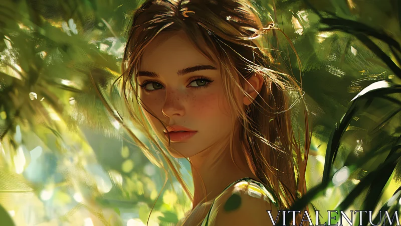 Sunlit freckled girl turns in lush green forest clearing