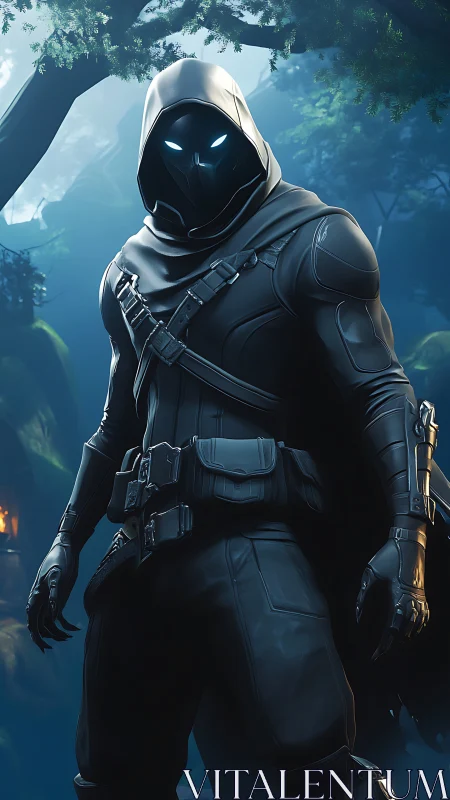 Stealth armored rogue with glowing eyes in forest setting.