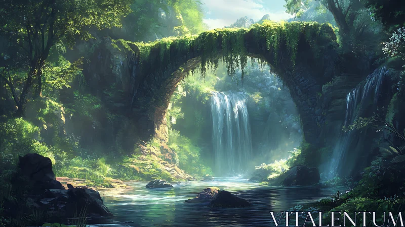 Ancient mossy stone bridge spans luminous forest waterfalls.
