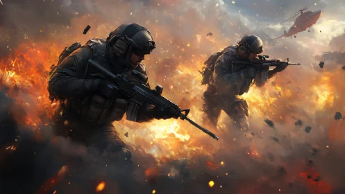Two Soldiers in Combat During Explosive Battle.