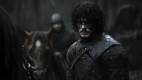 Battle-worn warrior in dark forest armor stands silently.