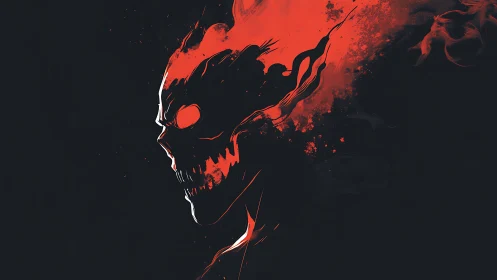 Red skeletal profile with flame like abstract dispersal