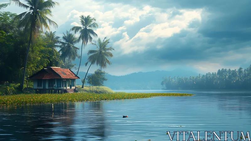 Riverside Cottage Among Palms.Tranquil Tropical Setting.