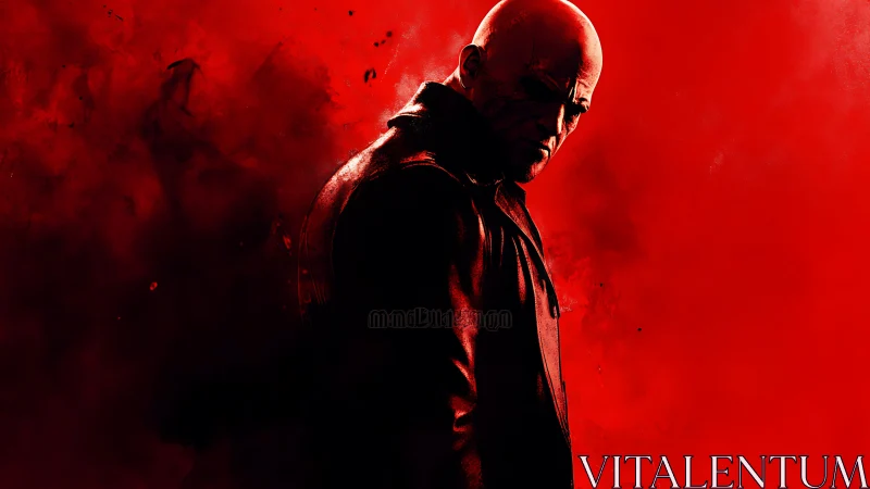 Brooding bald antihero in red smoke cinematic portrait.
