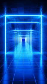 Futuristic blue LED tunnel corridor with tiled reflective walls