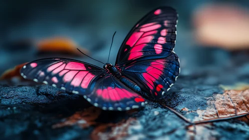 Pink and black butterfly resting on wet forest stone.