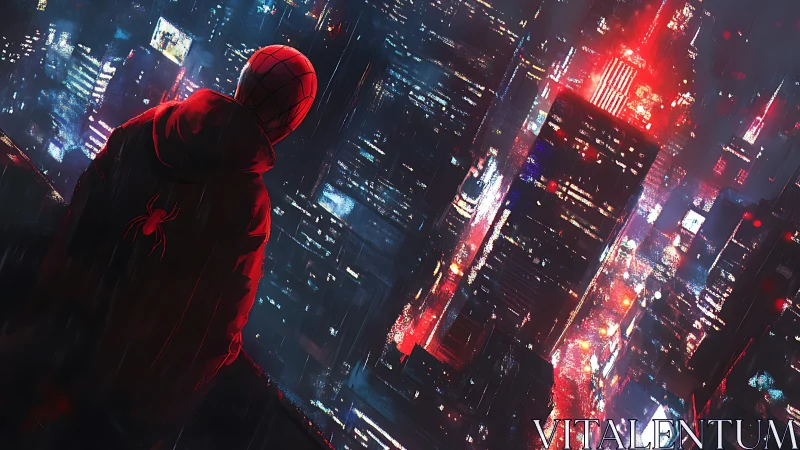 Spider-hero silhouette surveying neon-saturated rainy megacity.