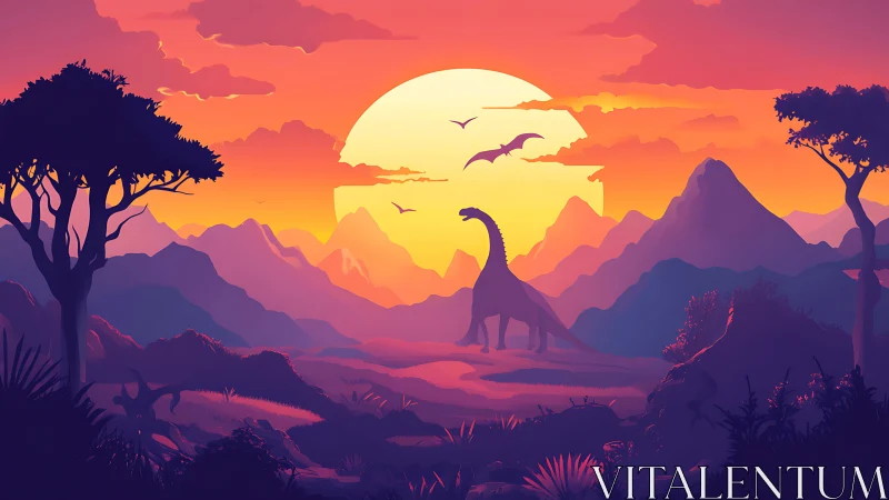 Layered vector landscape renders dinosaur silhouettes at sunset