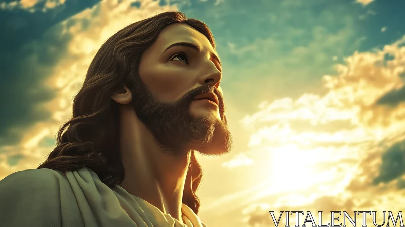 Gentle robed figure gazes toward a glowing golden sunrise