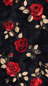 Chromatic Scarlet Roses on Textile Black Ground with Botanical Elements.
