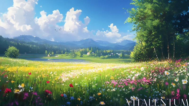 Sunlit wildflower meadow drifting toward quiet mountain lake.