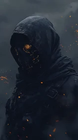 Hooded skeletal wraith with molten eyes in drifting embers.