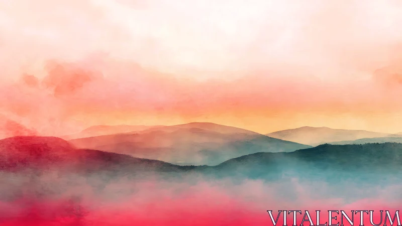 Layered misty hills under diffuse warm-toned sky.