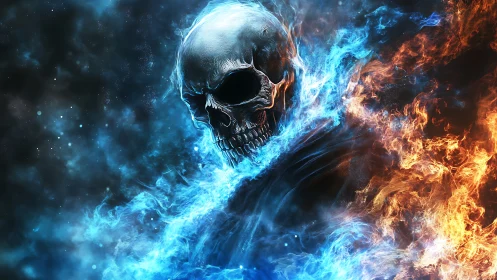 Flaming skull emerges between blue frost and orange fire