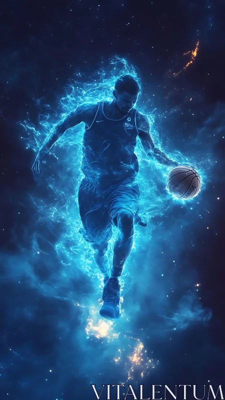 Basketball player silhouette in blue plasma energy field.