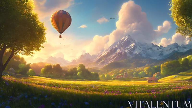 Sunny valley balloon drifting over peaceful flowered meadows.