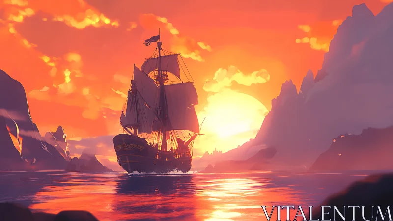 Sunlit galleon sailing through molten orange seascape horizon.