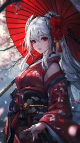 Elegant warrior maiden stands beneath a vivid red parasol