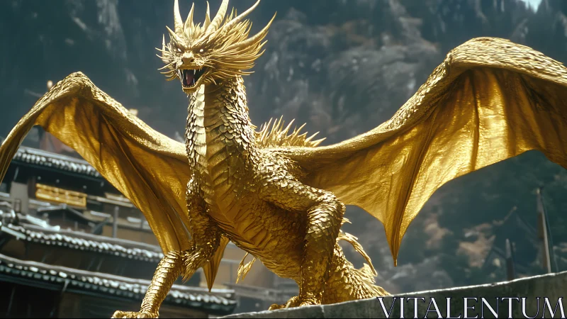 Golden dragon rendered with detailed PBR scales and cinematic depth of field