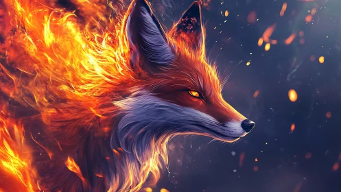 Fiery fox portrait with glowing embers and intense gaze.