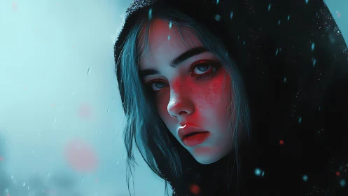 Moody hooded girl in glowing blue and crimson light.