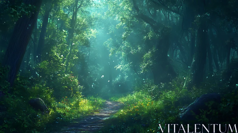 Wooded pathway with canopy filtration and ambient light diffusion.