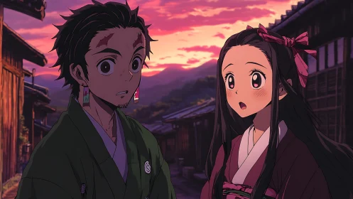 Sunset street scene with surprised anime siblings duo.