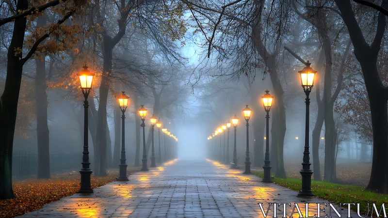 Foggy park promenade with glowing streetlamps at dusk.