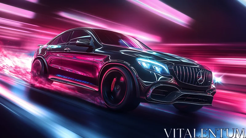 Mercedes performance SUV in neon motion blur environment.