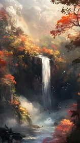 Autumn canyon waterfall glows through rising mist and light.