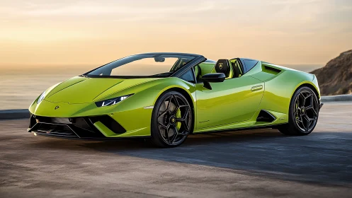Sunset coast cruise with a vivid green supercar shine.
