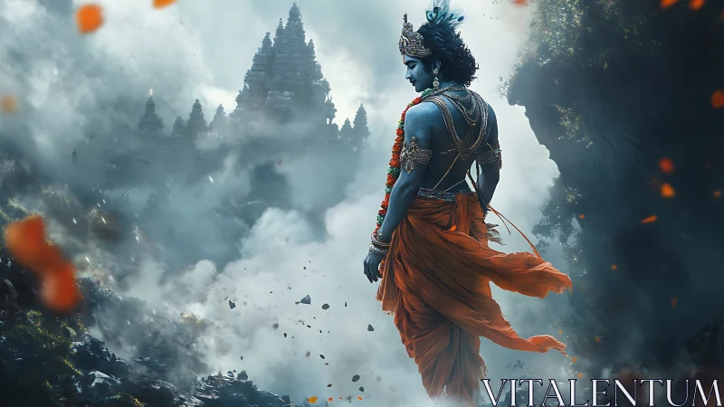 Blue-skinned figure before distant temple in misty gorge.