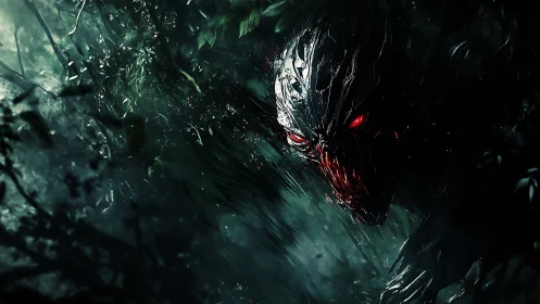 Dark metallic creature with red eyes emerging from forest.