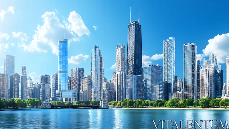 Modern urban waterfront skyline under clear blue sky.