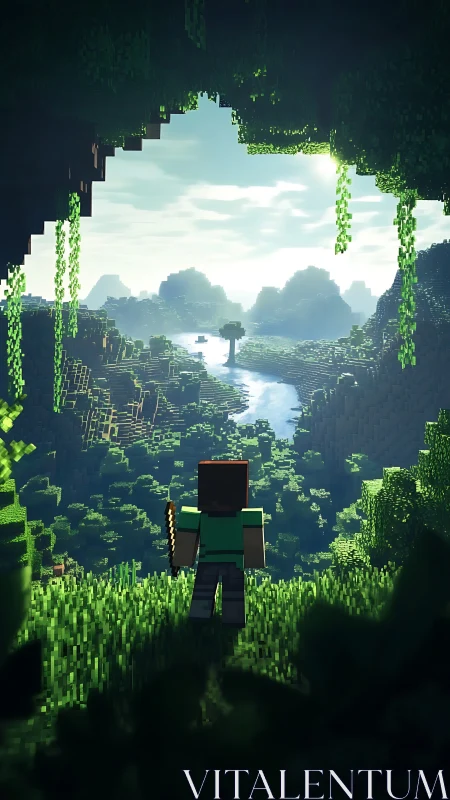 Voxel explorer overlooking lush river valley landscape.