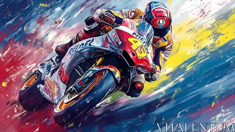 Dynamic sportbike racer cutting through abstract color field.